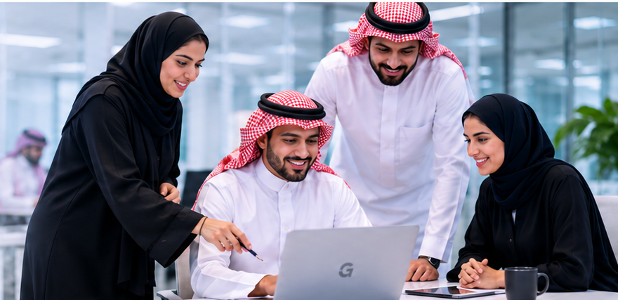 Saudi professionals collaborating around a laptop